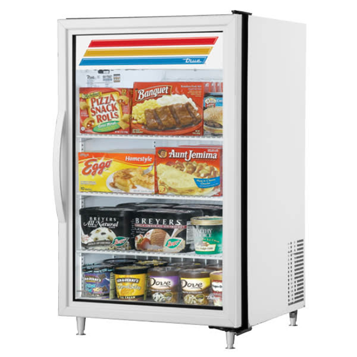 True GDM-07F-HC~TSL01 glass door freezer, white exterior, front angle view, stocked with frozen food