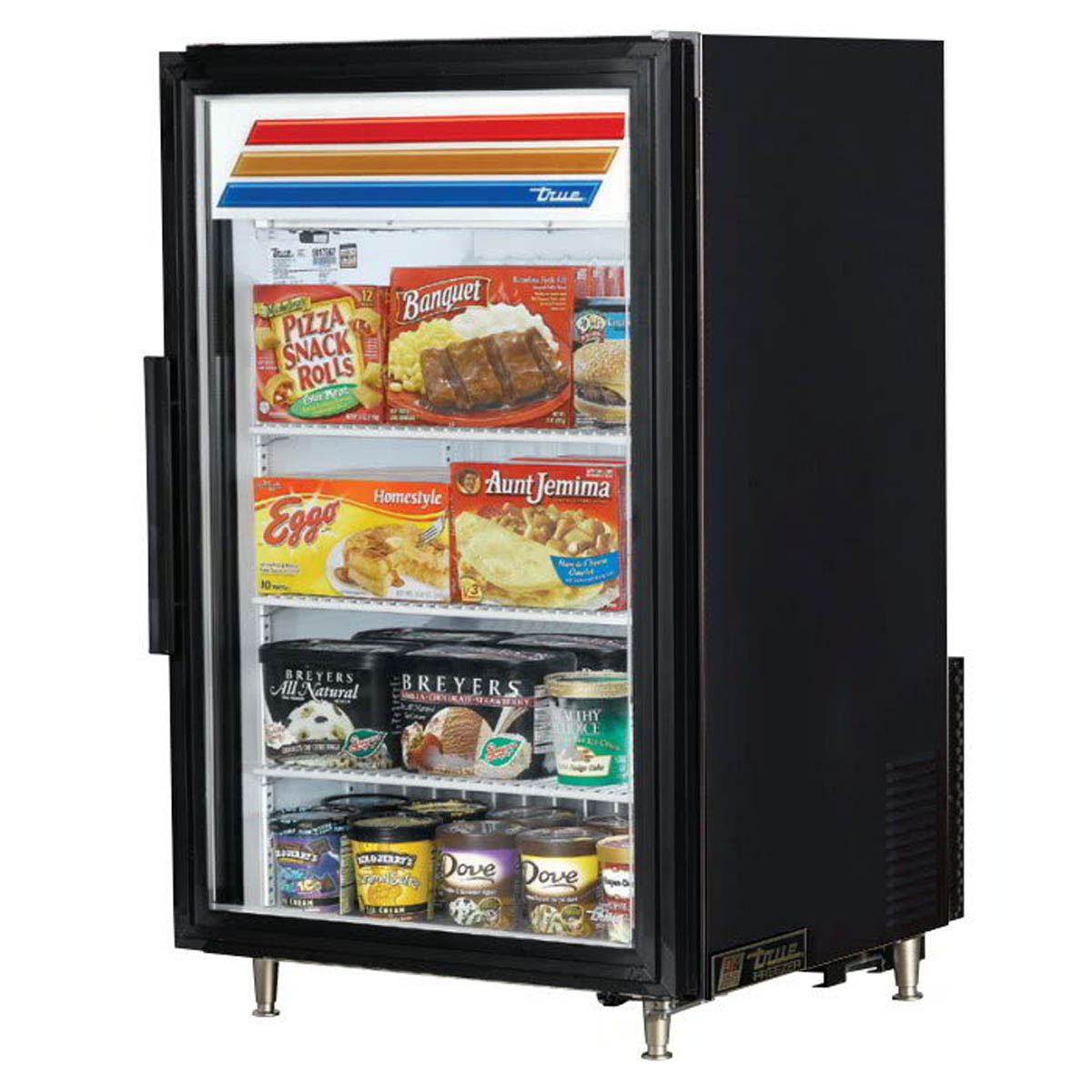 True GDM-07F-HC~TSL01 glass door freezer, black exterior, front angle view, stocked with frozen food