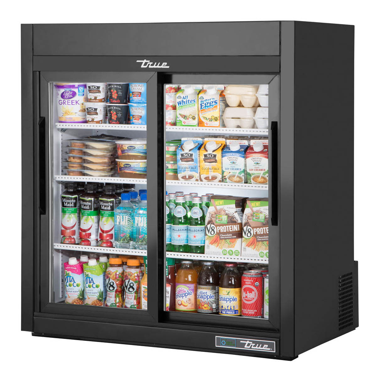 True GDM-09-SQ-HC-LD 2-door countertop glass door merchandiser, front angle view, stocked with product