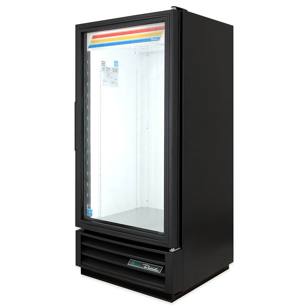 True GDM-10-HC~TSL01 glass door merchandiser, black exterior, front angle view, empty