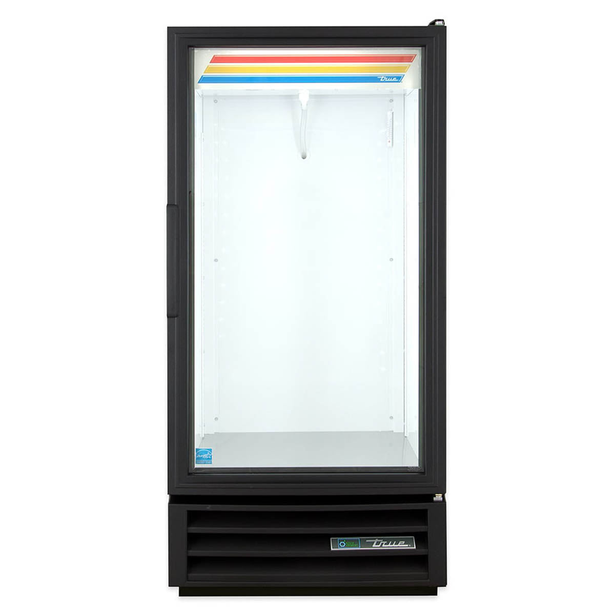 True GDM-10-HC~TSL01 glass door merchandiser, black exterior, front view, empty