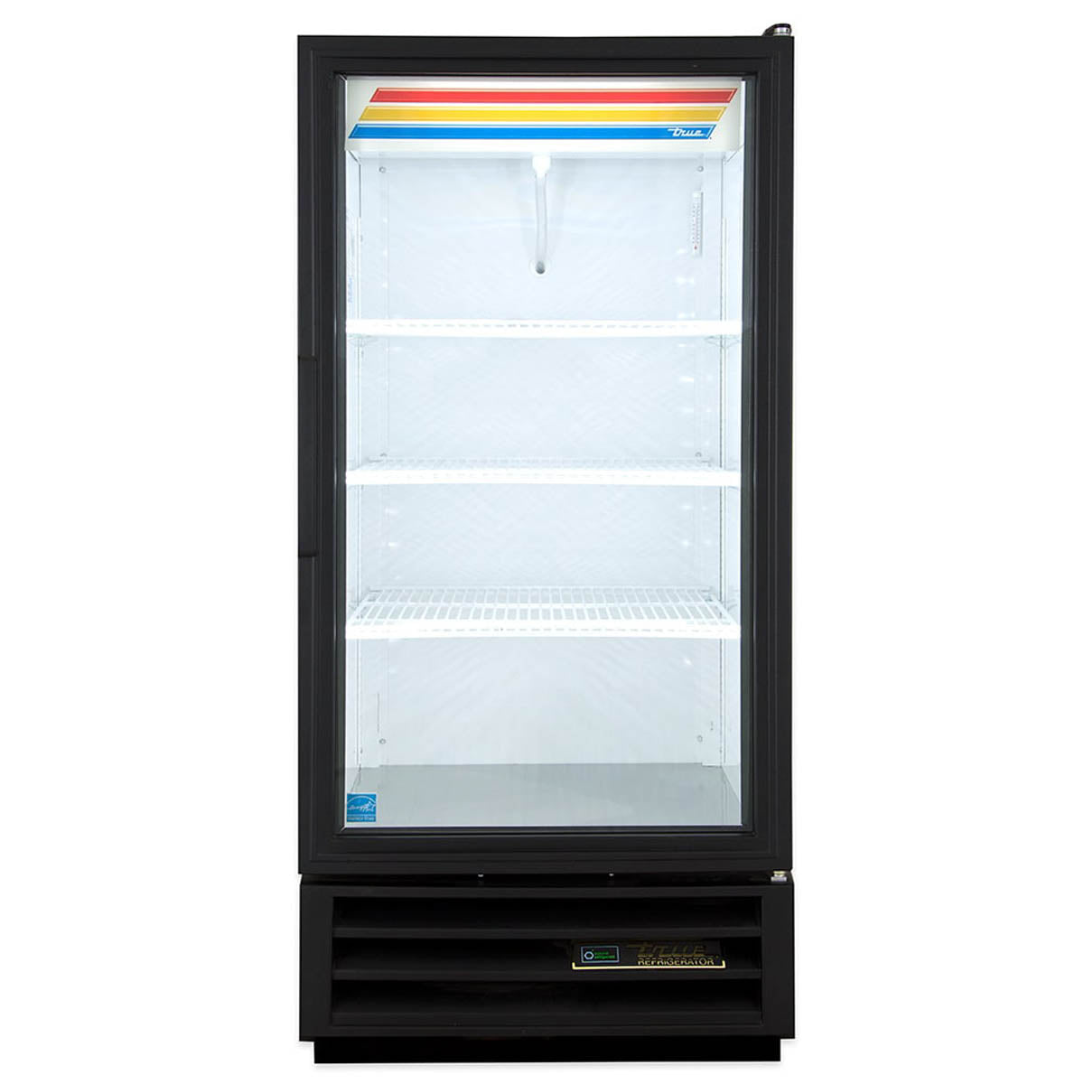 True GDM-10-HC~TSL01 glass door merchandiser, black exterior, front view, empty