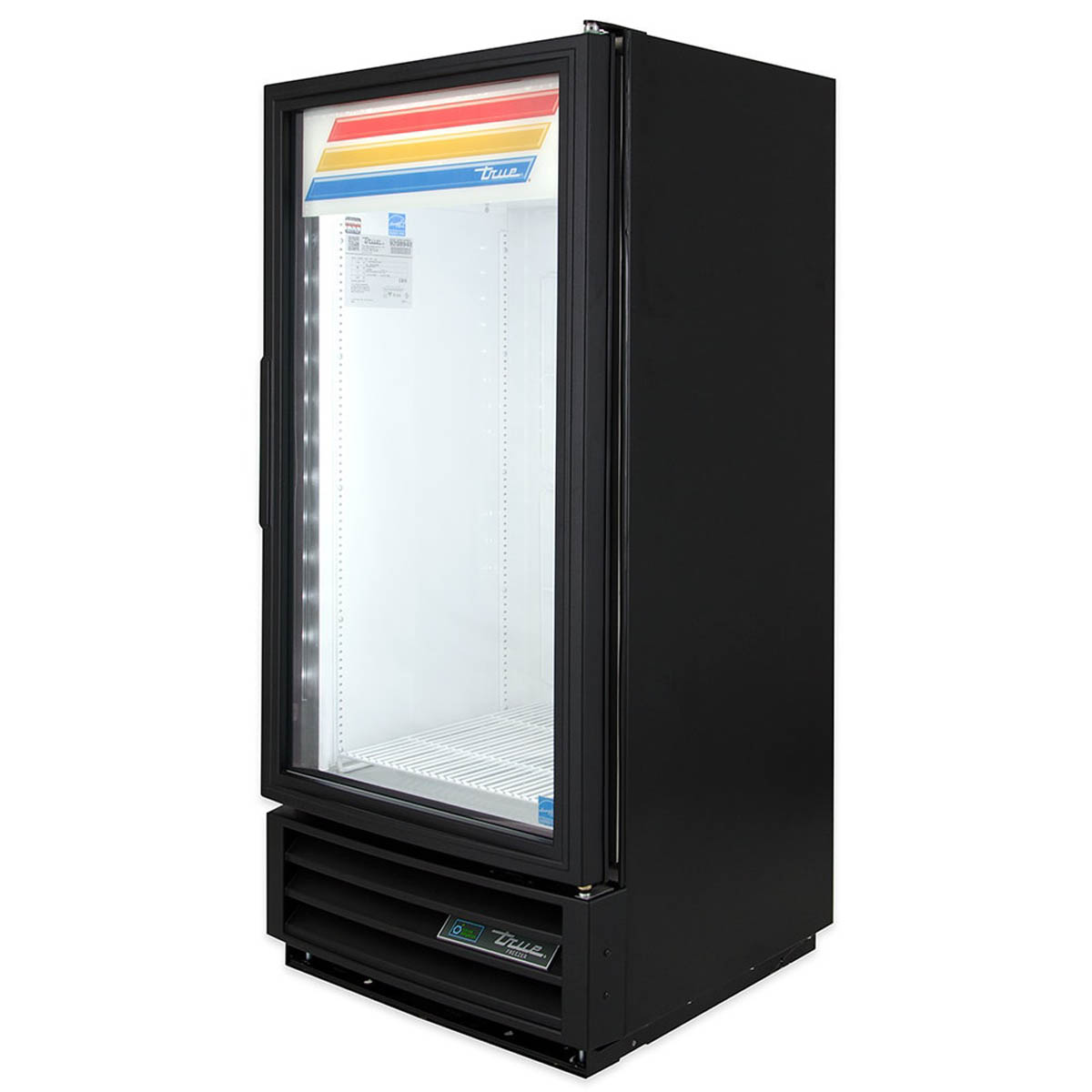 True GDM-10F-HC~TSL01 glass door freezer, front angle view, empty