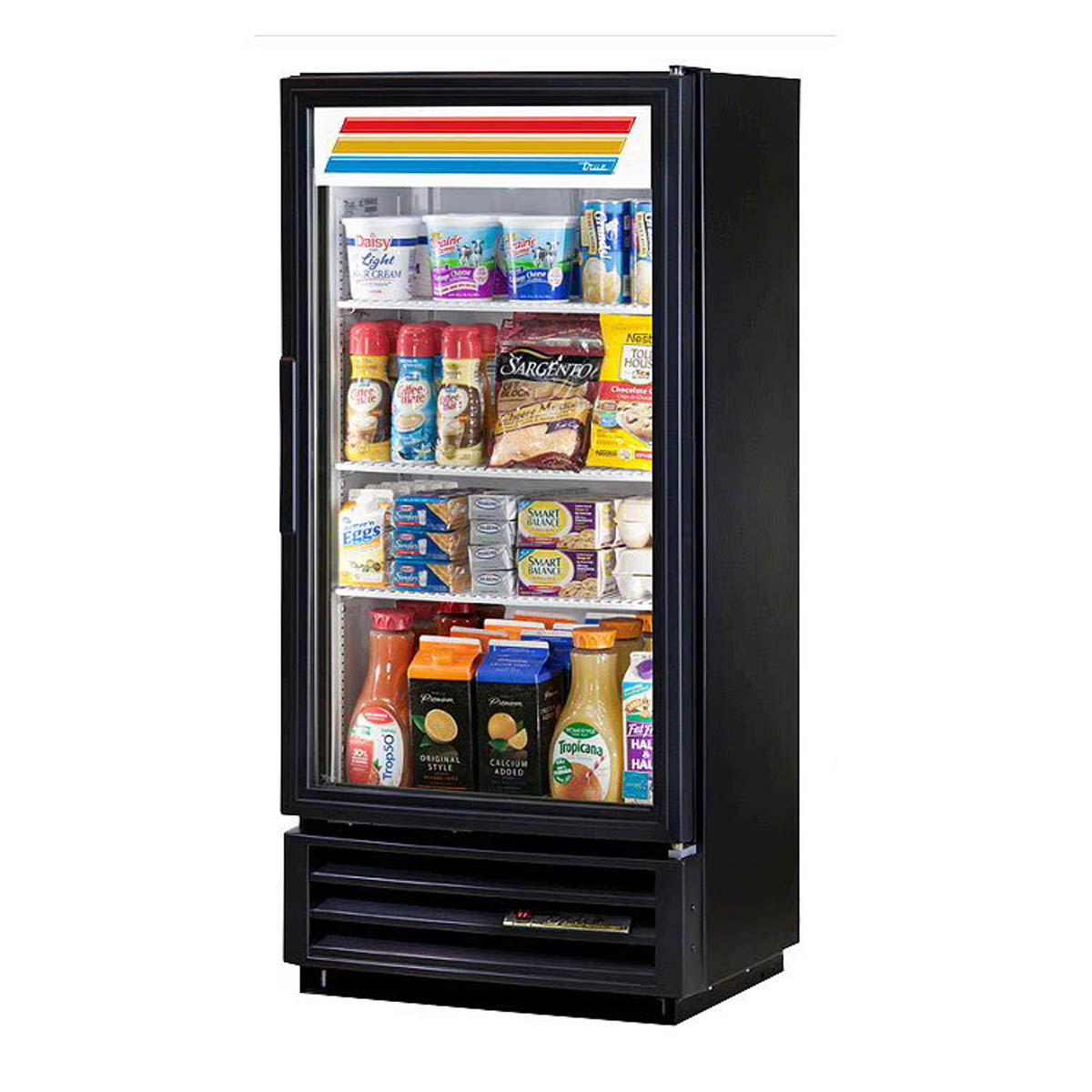True GDM-10SSL-HC~TSL01 glass door merchandiser, front angle view, stocked with product