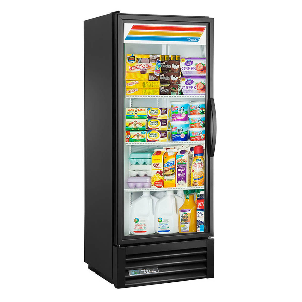 True GDM-12-HC~TSL01 glass door merchandiser, black exterior, front angle view, stocked with product