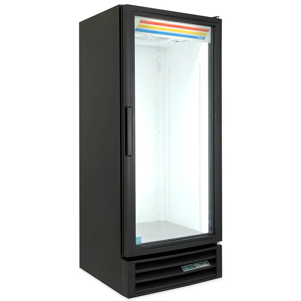 True GDM-12-HC~TSL01 glass door merchandiser, black exterior, front angle view, empty