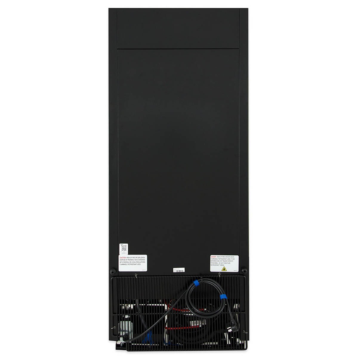 True GDM-12-HC~TSL01 glass door merchandiser, black exterior, back view showing the condensing unit