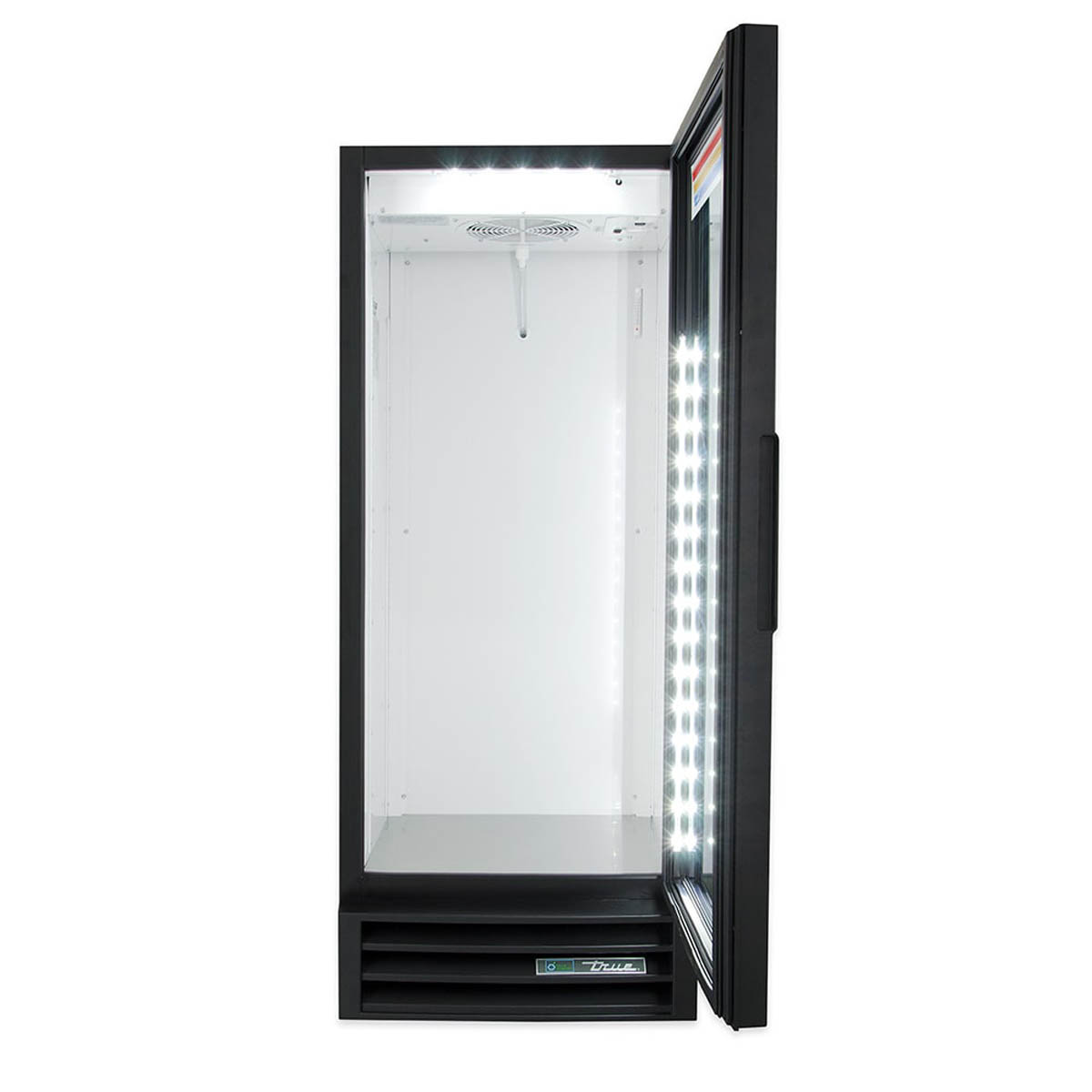 True GDM-12-HC~TSL01 glass door merchandiser, black exterior, door open
