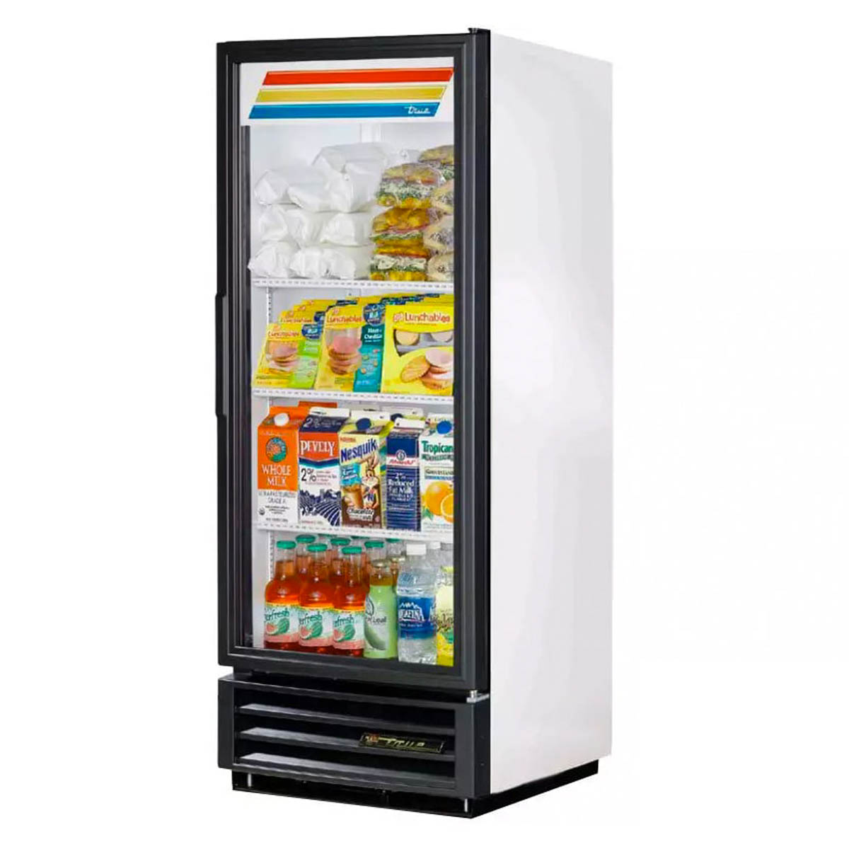 True GDM-12-HC~TSL01 glass door merchandiser, white exterior, front angle view, stocked with product