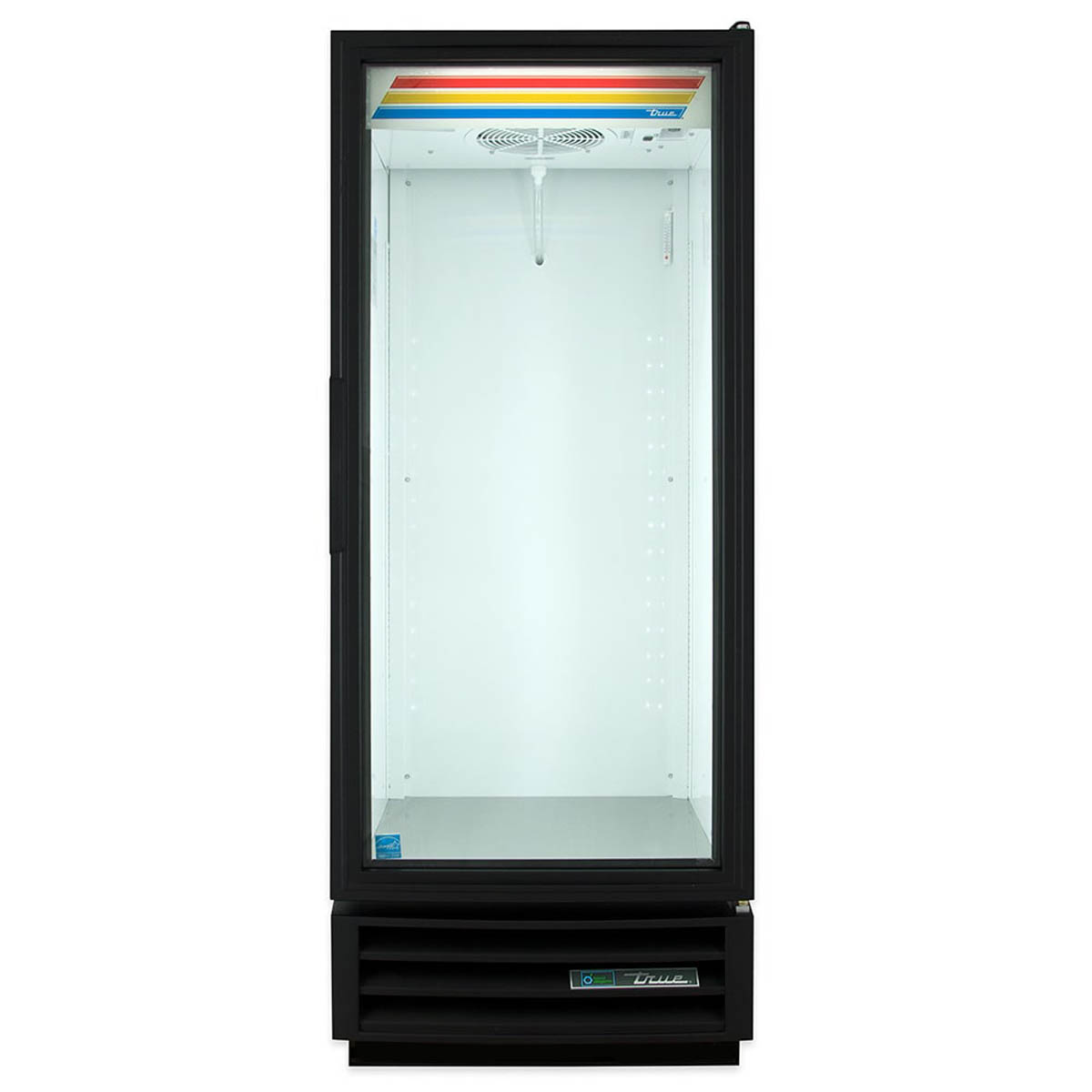 True GDM-12-HC~TSL01 glass door merchandiser, black exterior, front view, empty