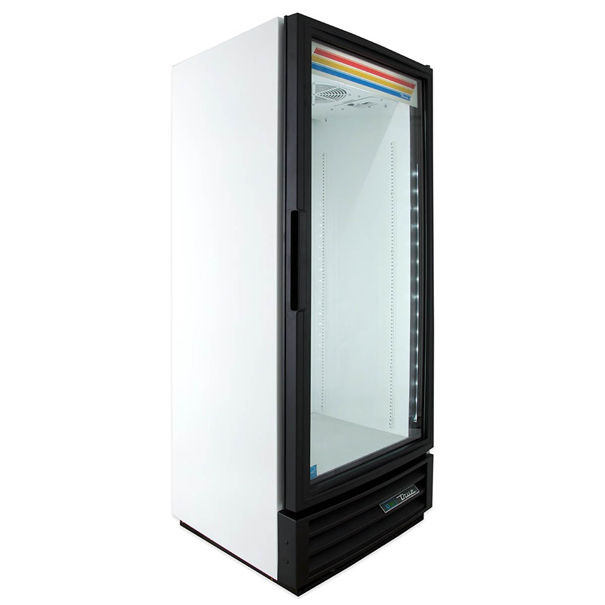 True GDM-12-HC~TSL01 glass door merchandiser, white exterior, front angle view, empty