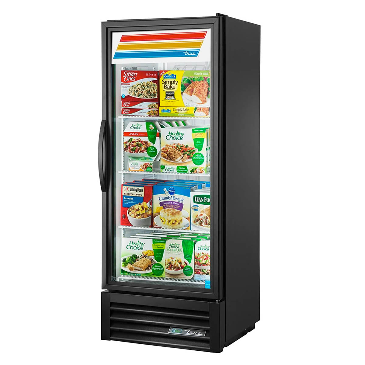 True GDM-12F-HC~TSL01 glass door freezer, front angle view, stocked with frozen food
