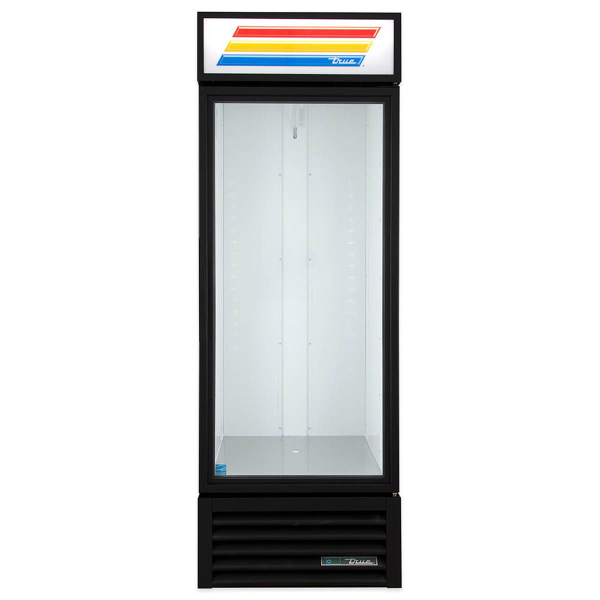 True GDM-23-HC~TSL01 glass door merchandiser, black exterior, front view, empty