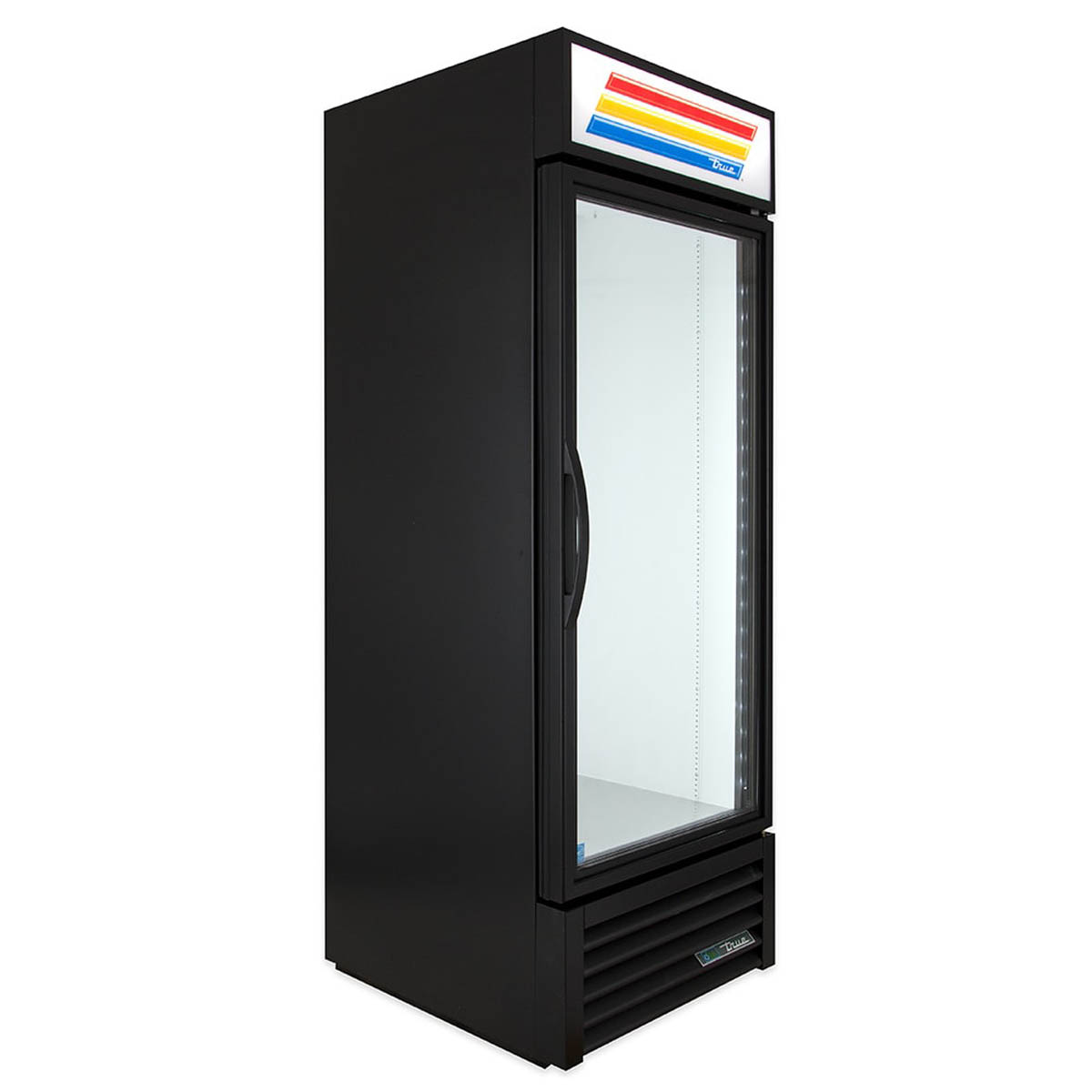 True GDM-23-HC~TSL01 glass door merchandiser, black exterior, front angle view, empty