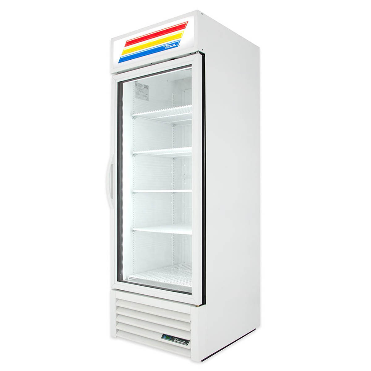 True GDM-23F-HC~TSL01 glass door freezer, white exterior, front angle view, empty