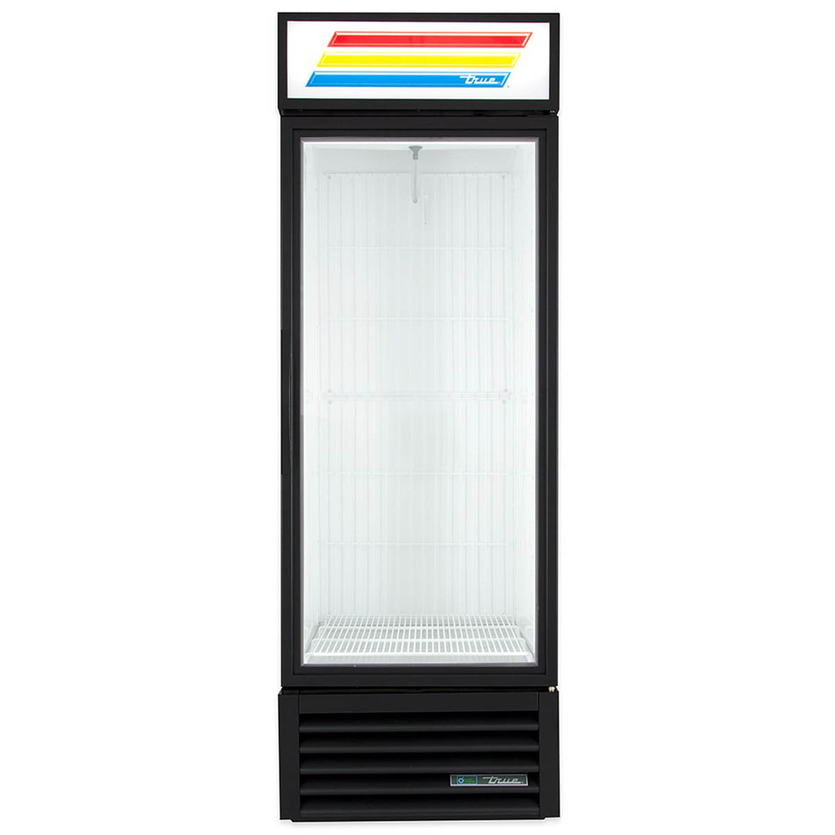 True GDM-23F-HC~TSL01 glass door freezer, black exterior, front view, empty