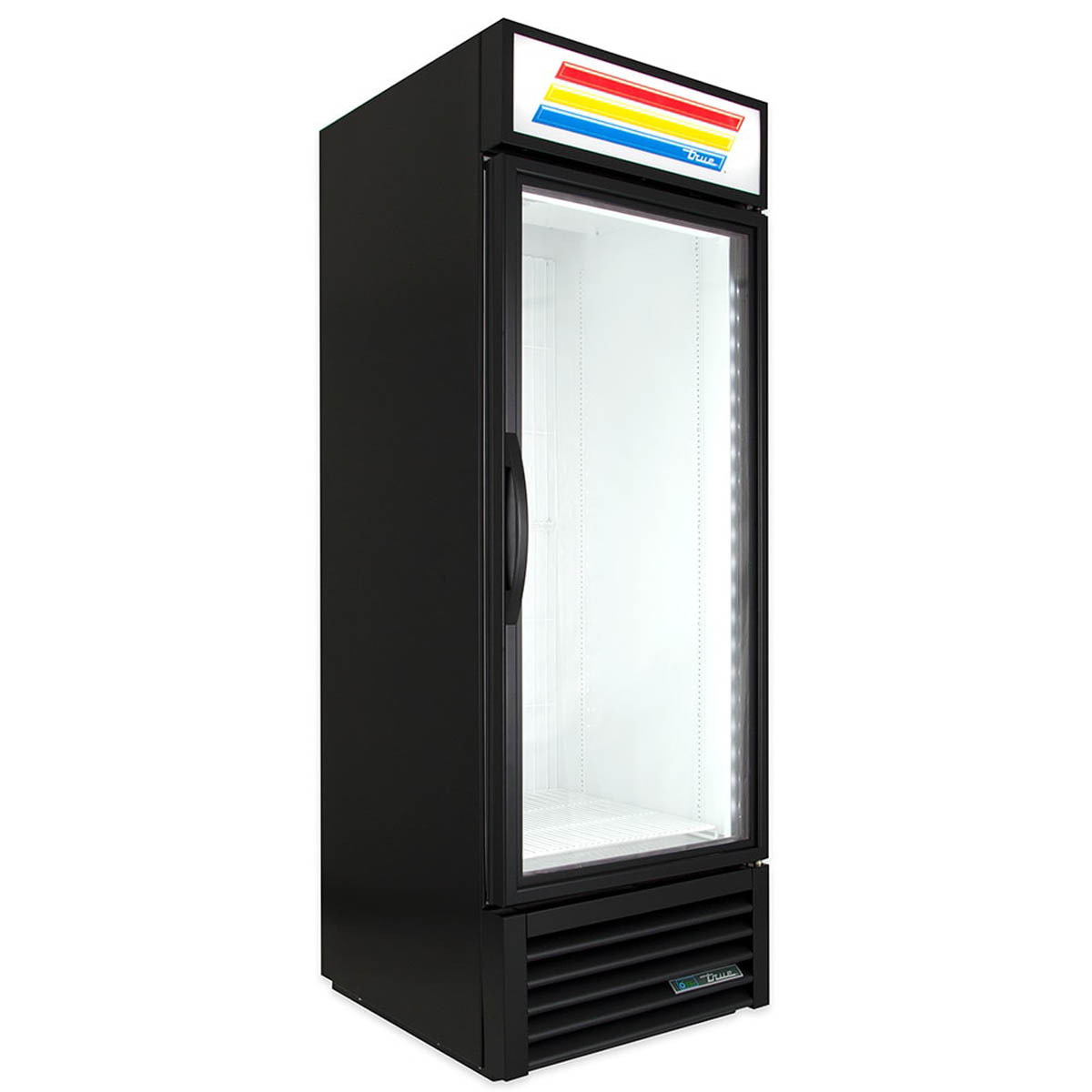 True GDM-23F-HC~TSL01 glass door freezer, black exterior, front angle view, empty