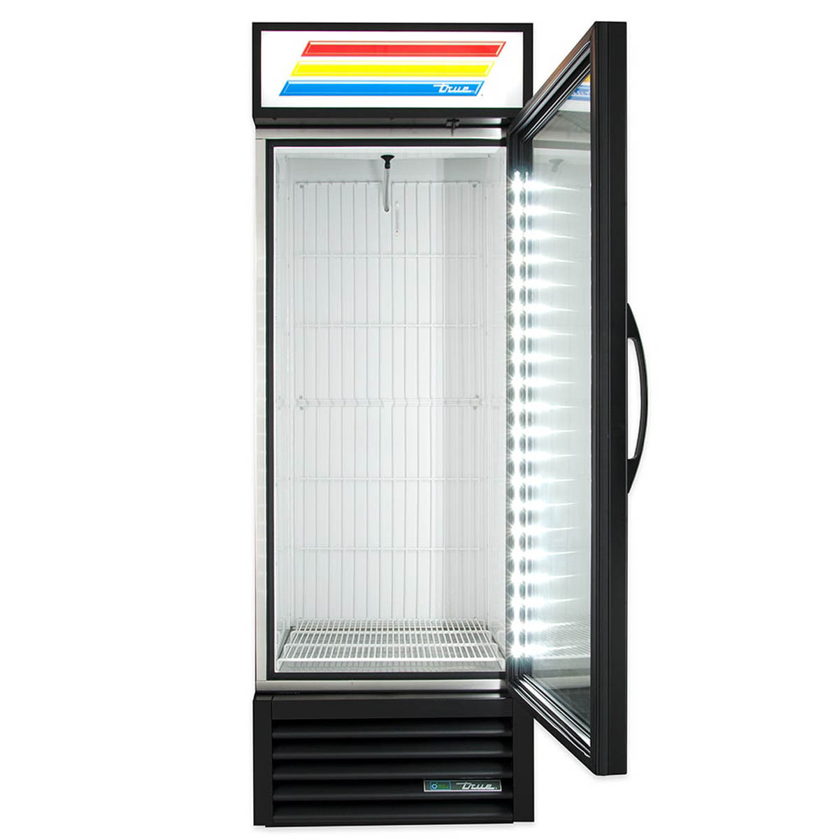 True GDM-23F-HC~TSL01 glass door freezer, black exterior, door open