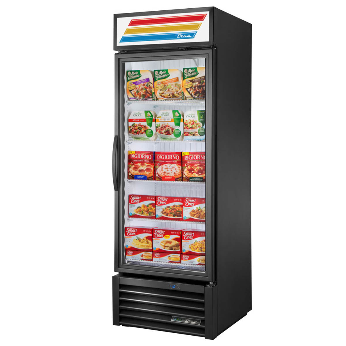 True GDM-23F-HST-HC~TSL01 glass door freezer, front angle view, stocked with frozen food