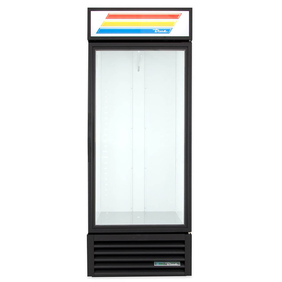 True GDM-26-HC~TSL01 glass door merchandiser, black exterior, front view, empty