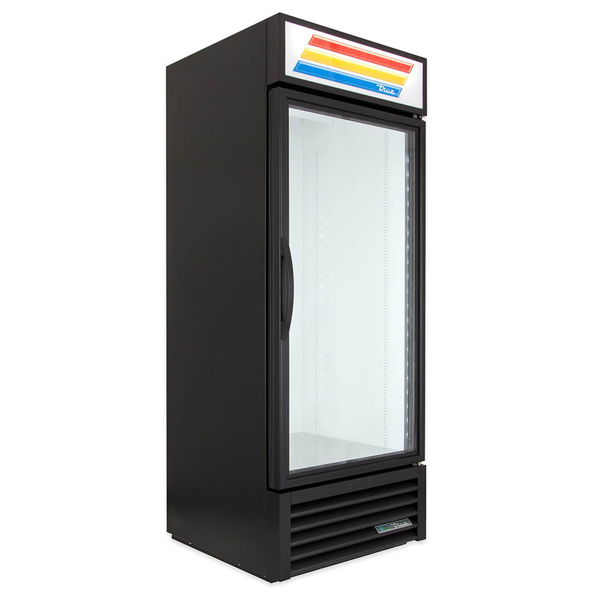 True GDM-26-HC~TSL01 glass door merchandiser, black exterior, front angle view, empty