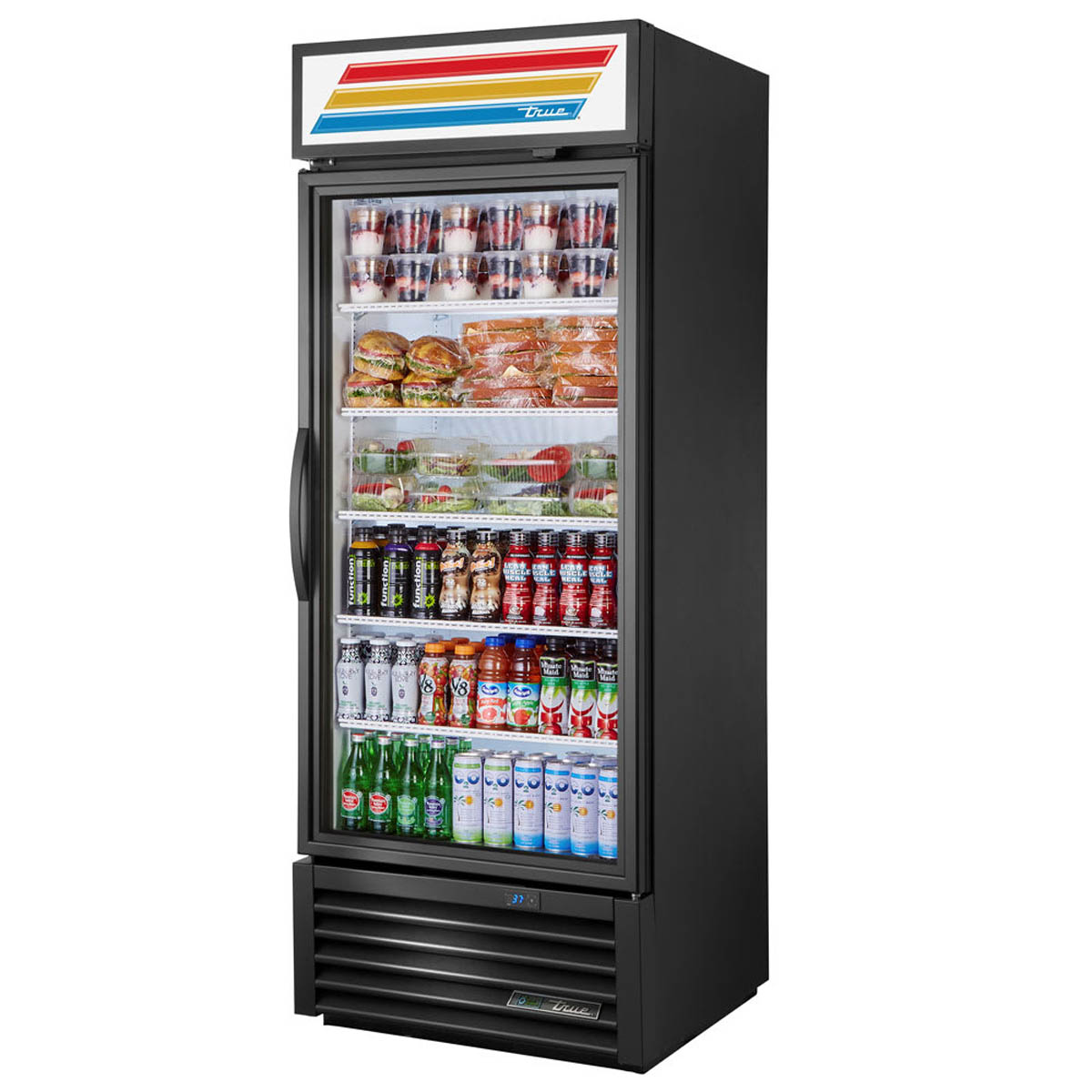 True GDM-26-HST-HC~TSL01 glass door merchandiser, front angle view, stocked with product
