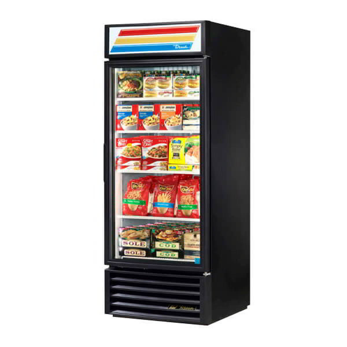 True GDM-26F-HC~TSL01 glass door freezer, black exterior, front angle view, stocked with frozen food