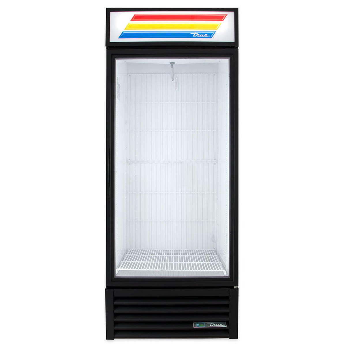 True GDM-26F-HC~TSL01 glass door freezer, black exterior, front view, empty