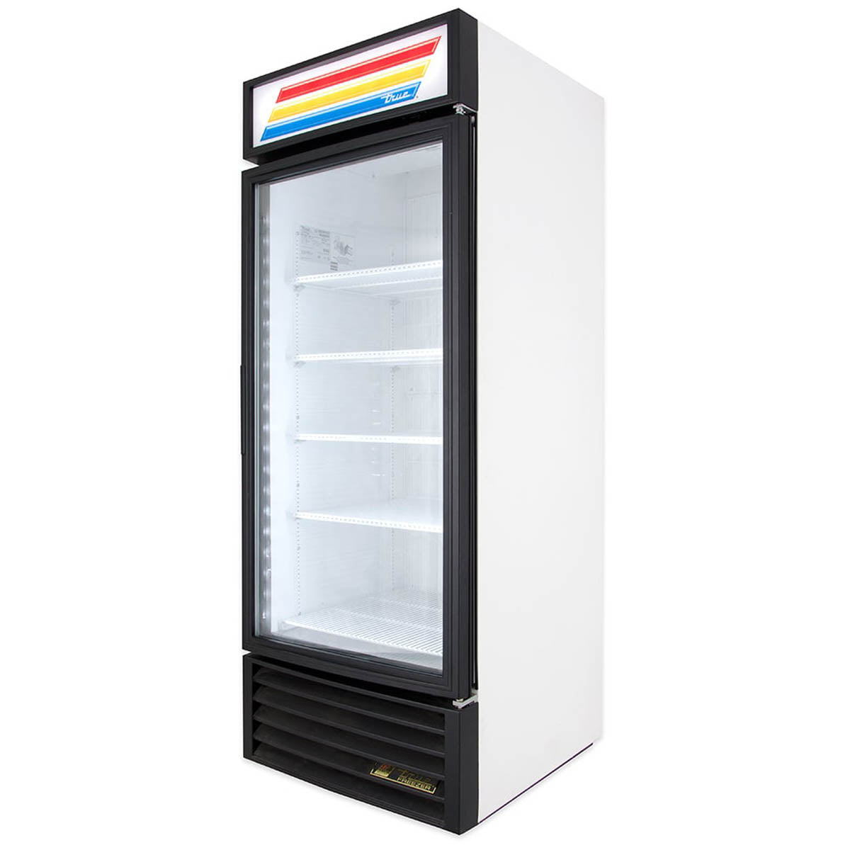 True GDM-26F-HC~TSL01 glass door freezer, white exterior, front angle view, empty