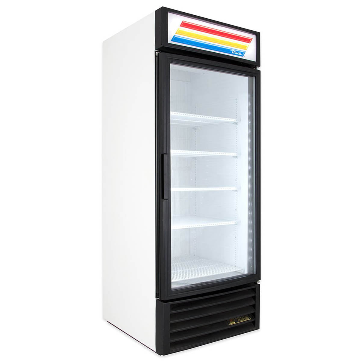 True GDM-26F-HC~TSL01 glass door freezer, white exterior, front angle view, empty