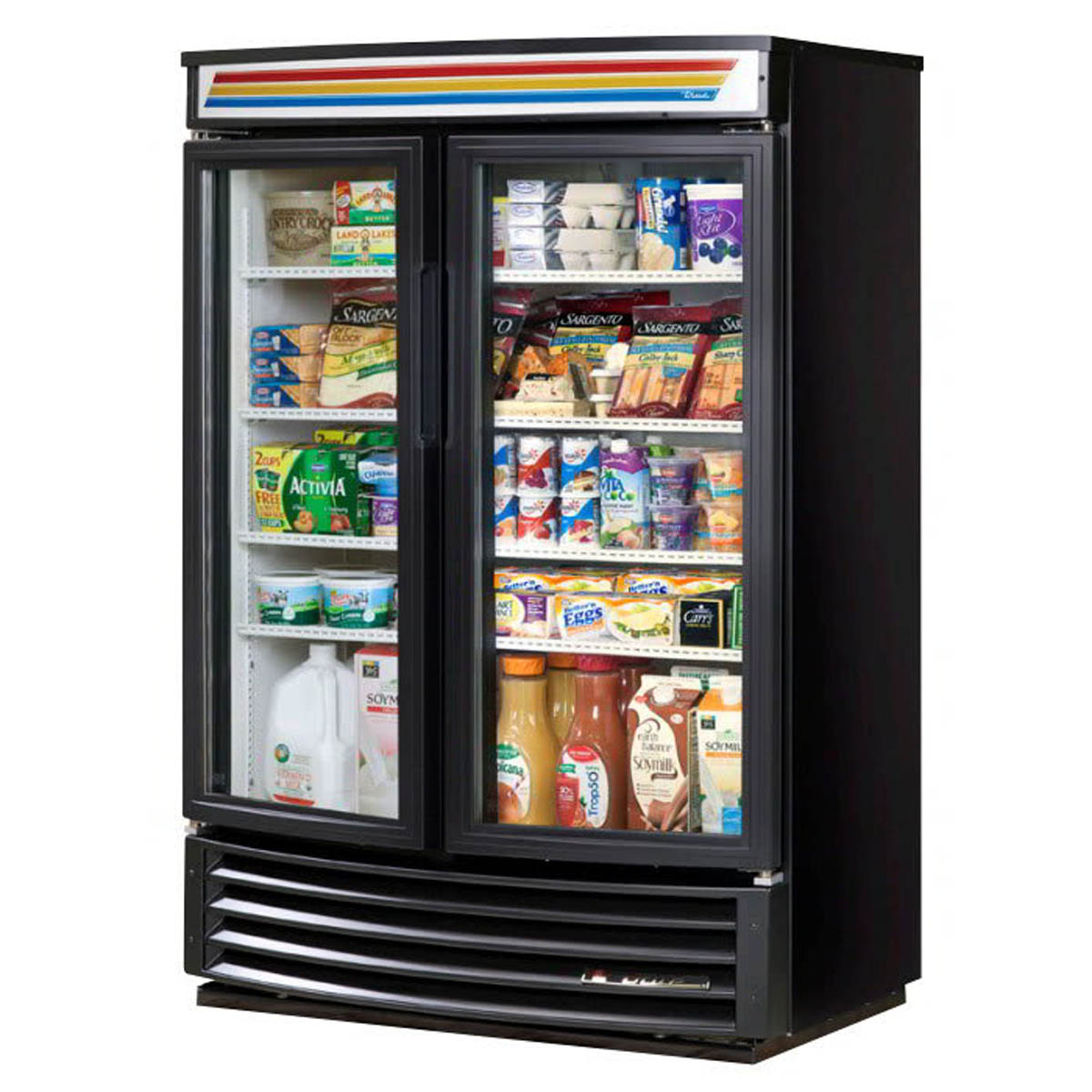 True GDM-35SL-RF-HC-LD 2-door glass door merchandiser, black exterior, front angle view, stocked with product