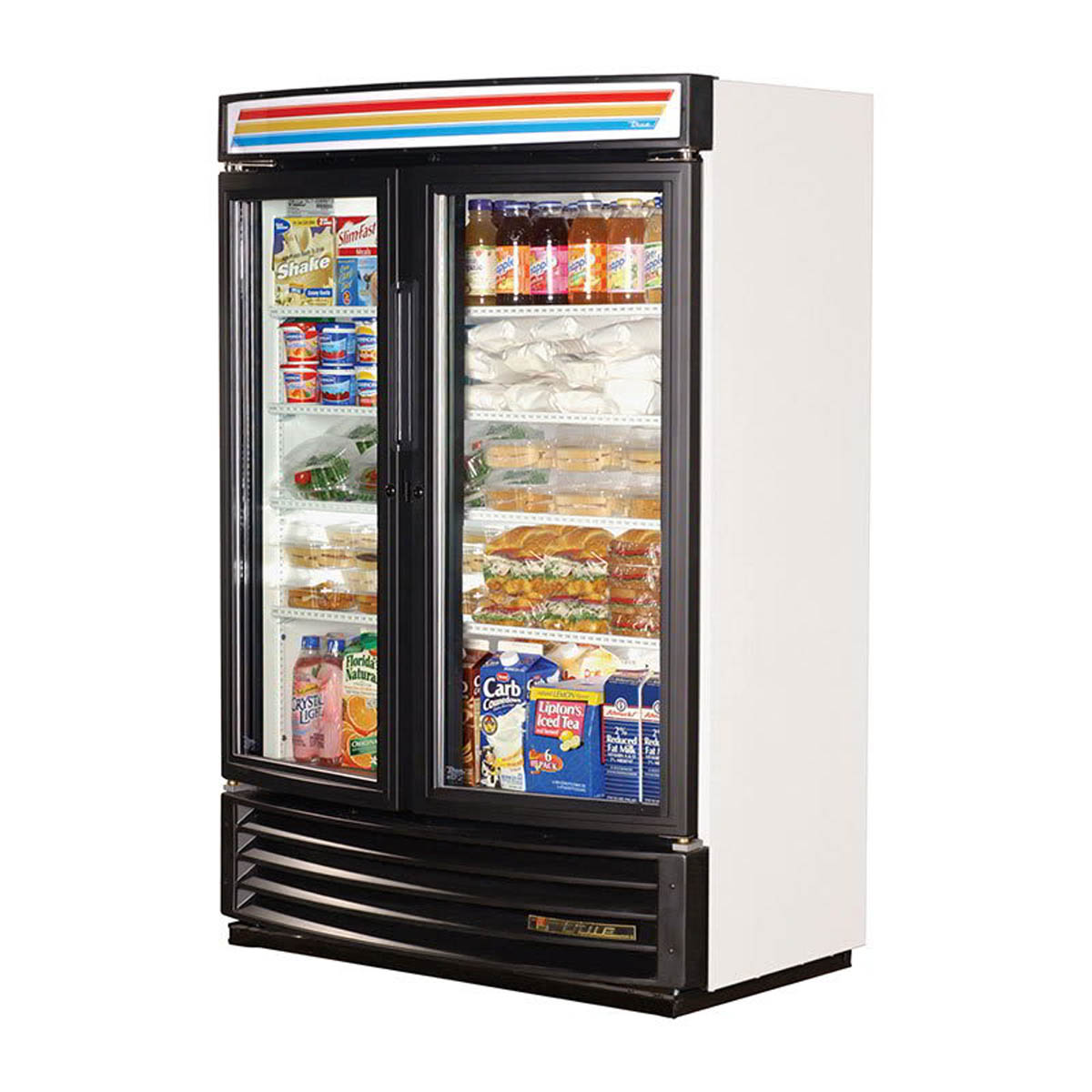 True GDM-35SL-RF-HC-LD 2-door glass door merchandiser, white exterior, front angle view, stocked with product