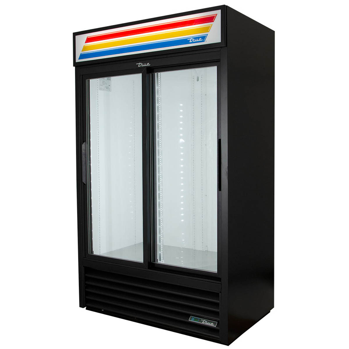 True GDM-41SL-HC-LD 2-door glass door merchandiser, black exterior, front angle view, empty