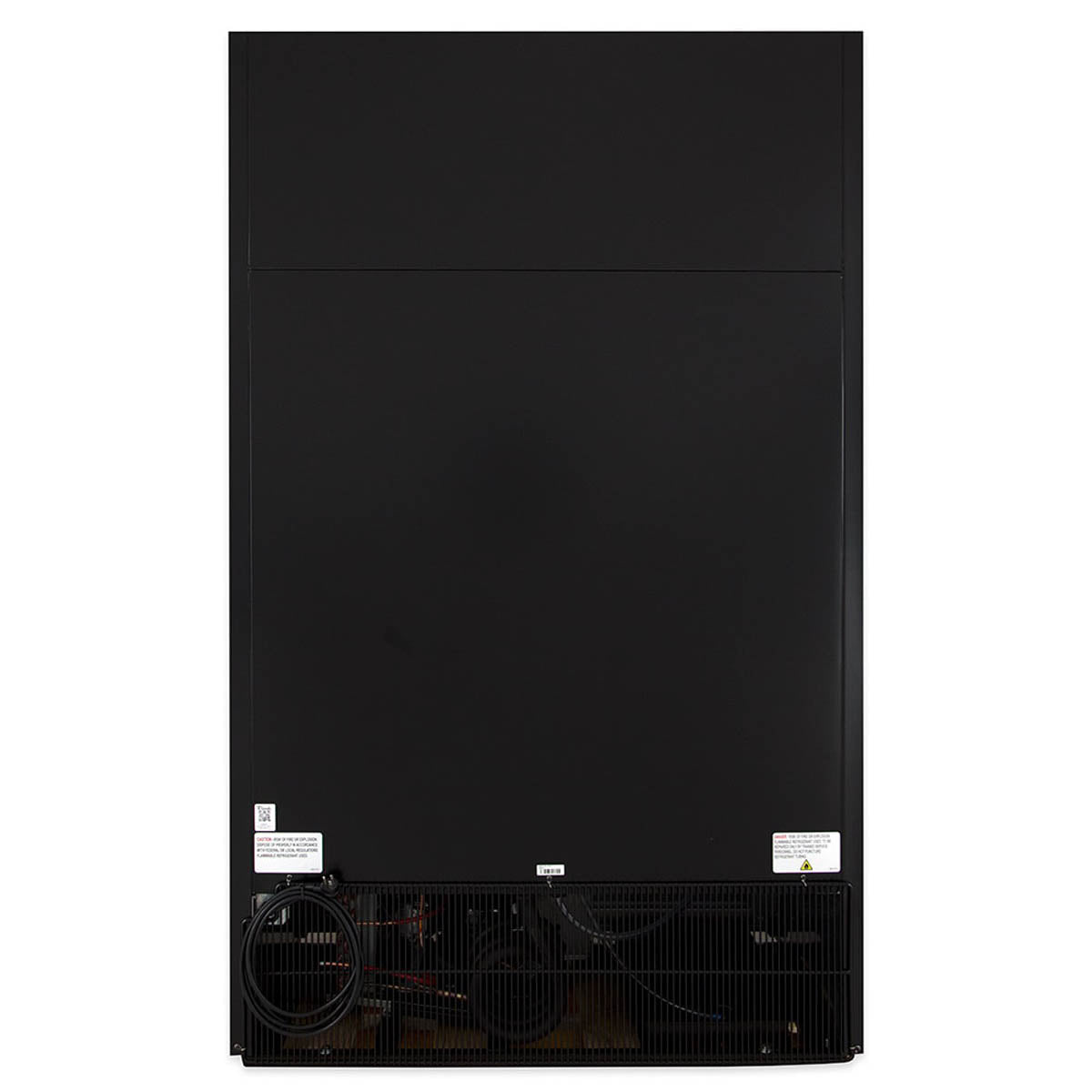 True GDM-41SL-HC-LD 2-door glass door merchandiser, black exterior, back view showing the condensing unit