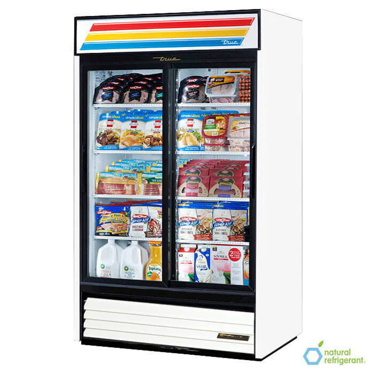 True GDM-41SL-HC-LD 2-door glass door merchandiser, white exterior, front view, stocked with product