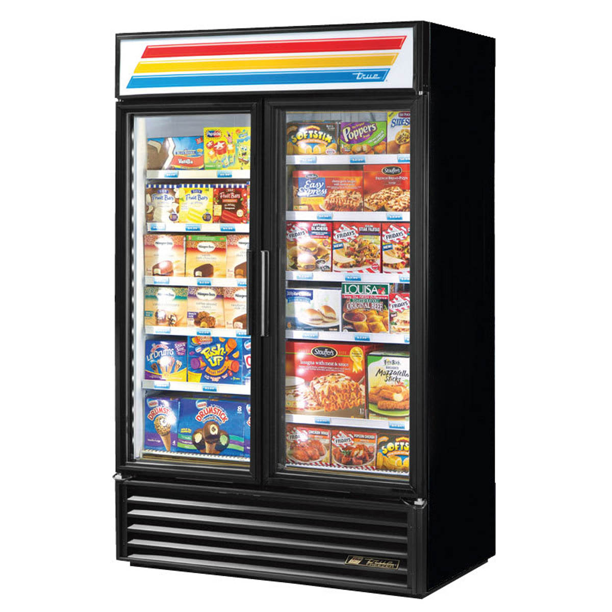 True GDM-43F-HC~TSL01 2-door glass door freezer, front angle view, stocked with frozen food
