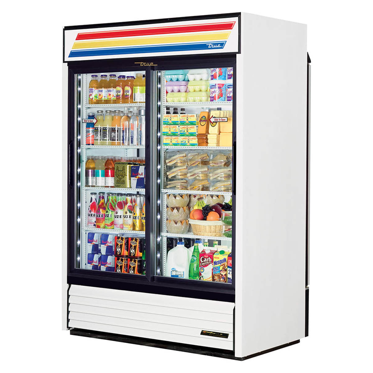 True GDM-47RL-HC-LD 2-door glass door merchandiser, white exterior, front angle view, stocked with product