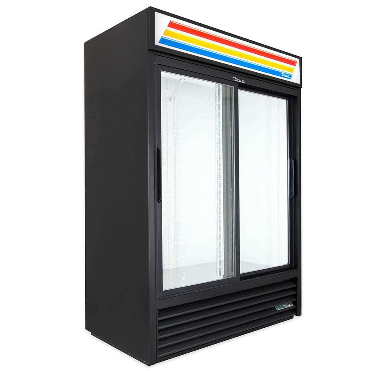 True GDM-47RL-HC-LD 2-door glass door merchandiser, black exterior, front angle view, empty