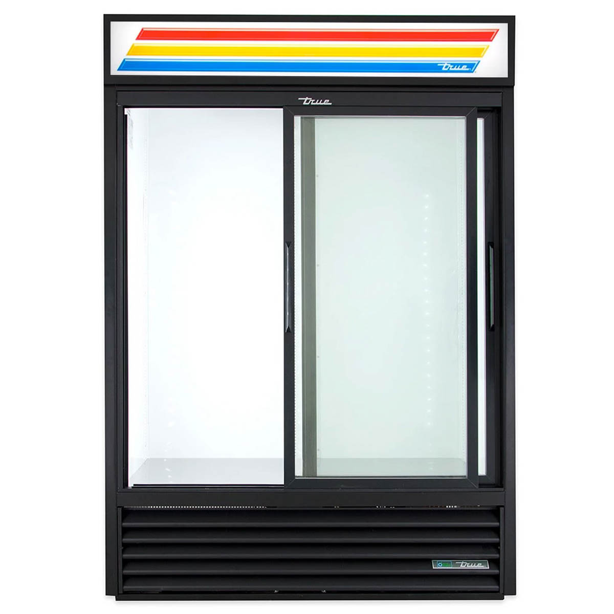 True GDM-47RL-HC-LD 2-door glass door merchandiser, black exterior, front view with a slide door open, empty