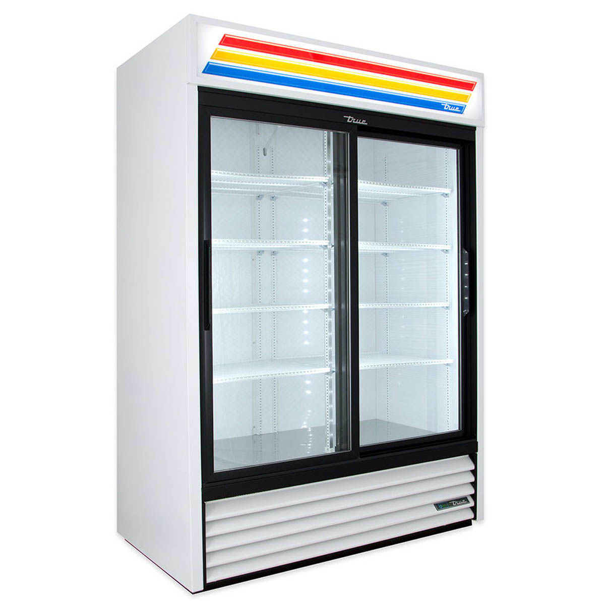 True GDM-47RL-HC-LD 2-door glass door merchandiser, white exterior, front angle view, empty