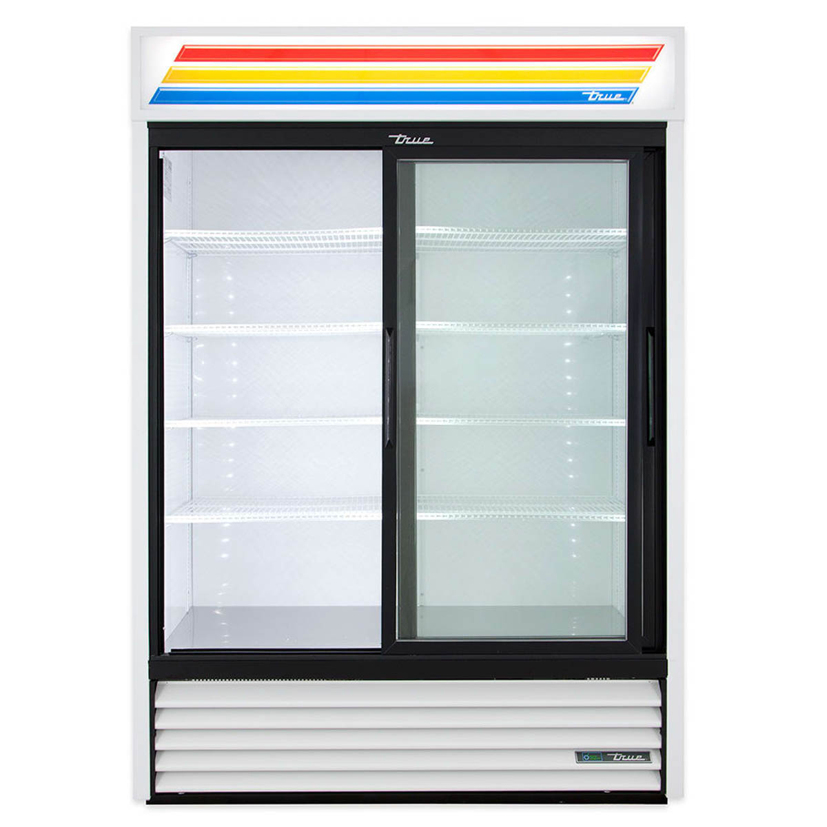 True GDM-47RL-HC-LD 2-door glass door merchandiser, white exterior, front view, empty