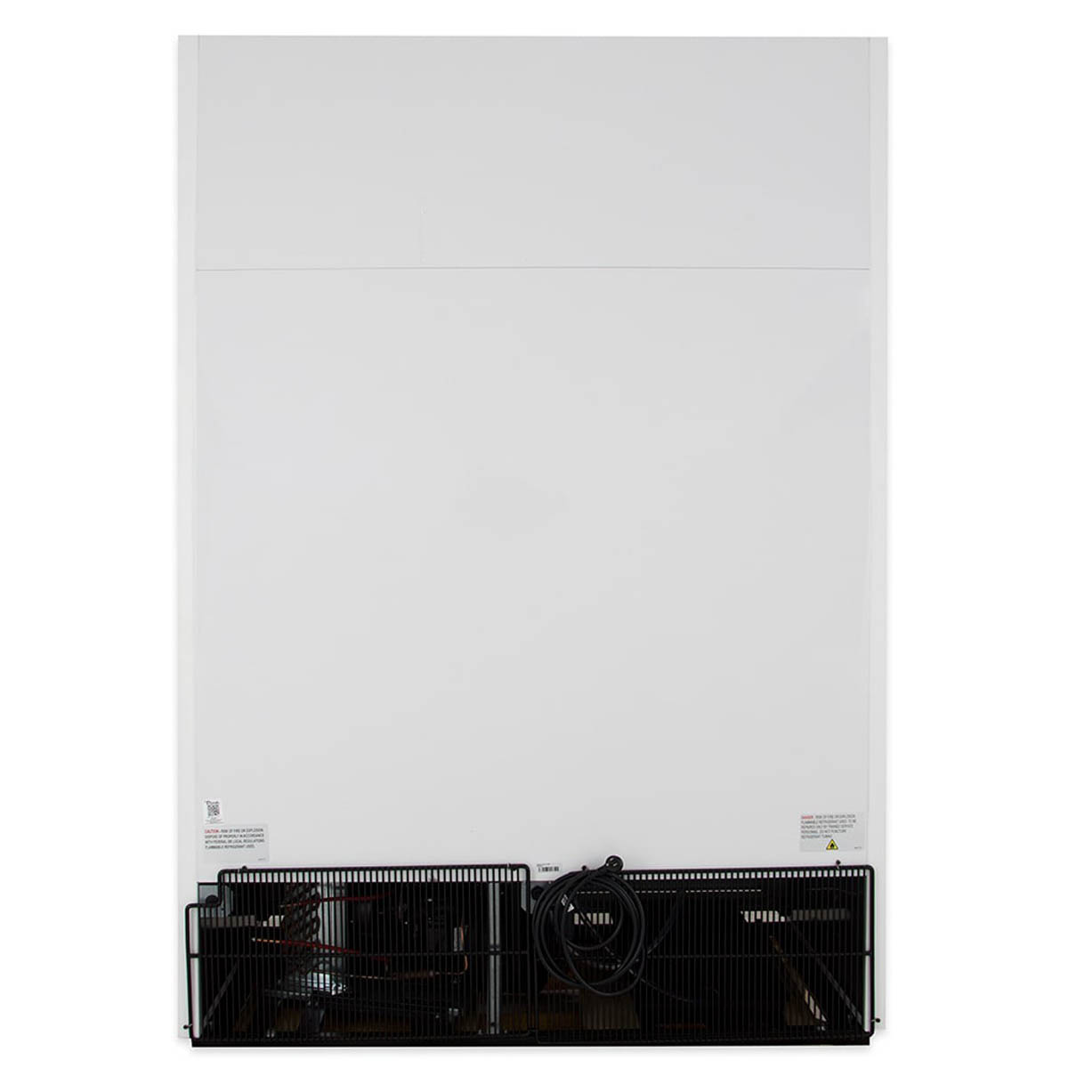 True GDM-47RL-HC-LD 2-door glass door merchandiser, white exterior, back view showing the condensing unit