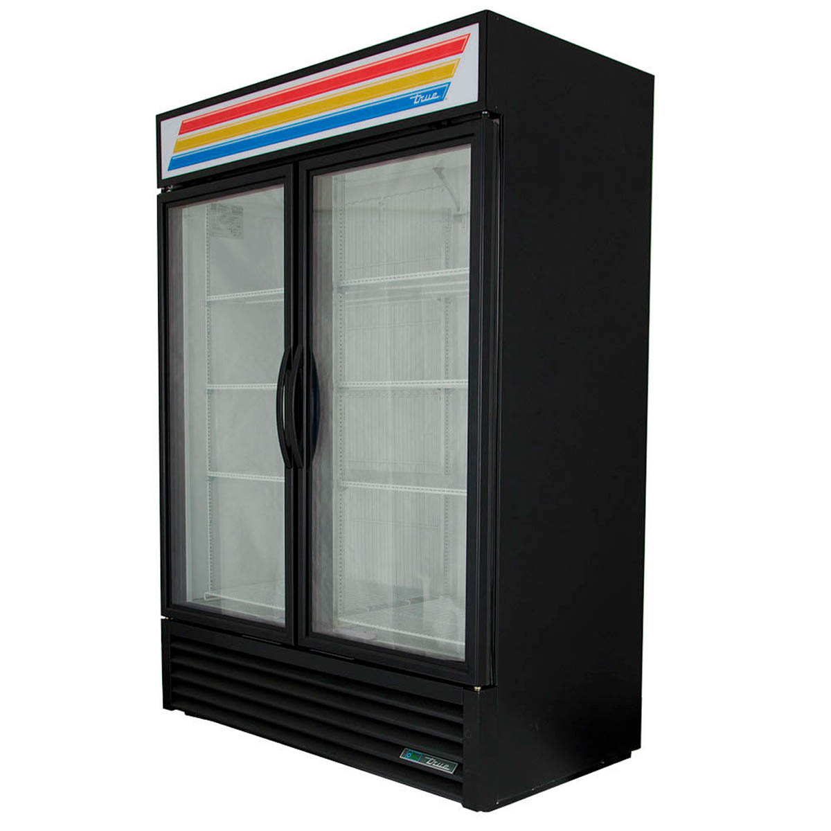 True GDM-49F-HC~TSL01 2-door glass door freezer, black exterior, front angle view, empty