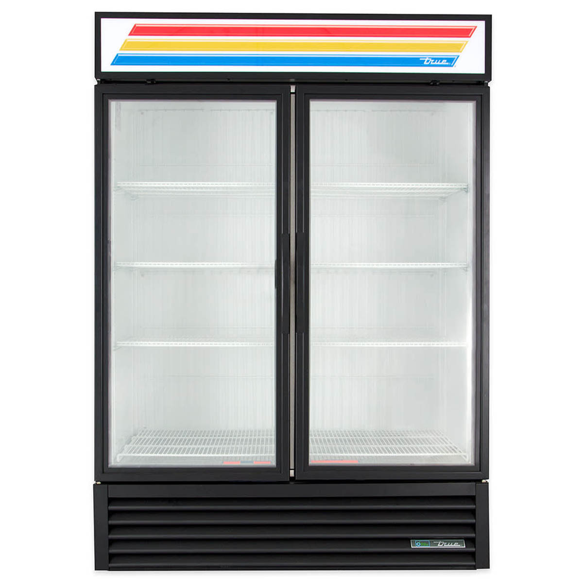 True GDM-49F-HC~TSL01 2-door glass door freezer, black exterior, front view, empty