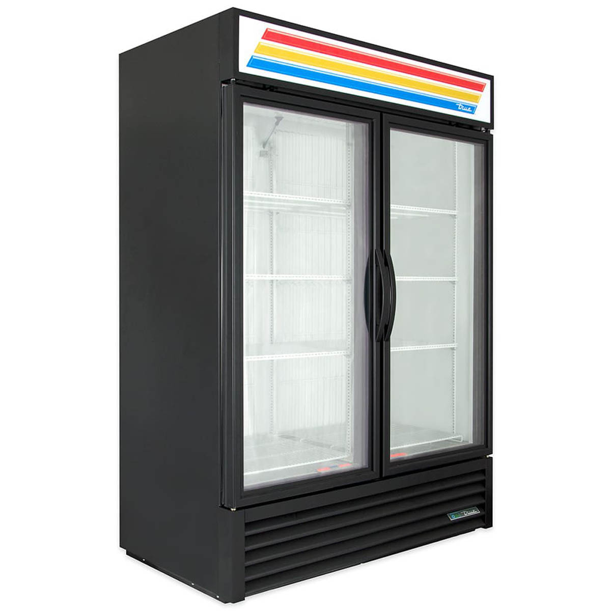 True GDM-49F-HC~TSL01 2-door glass door freezer, black exterior, front angle view, empty