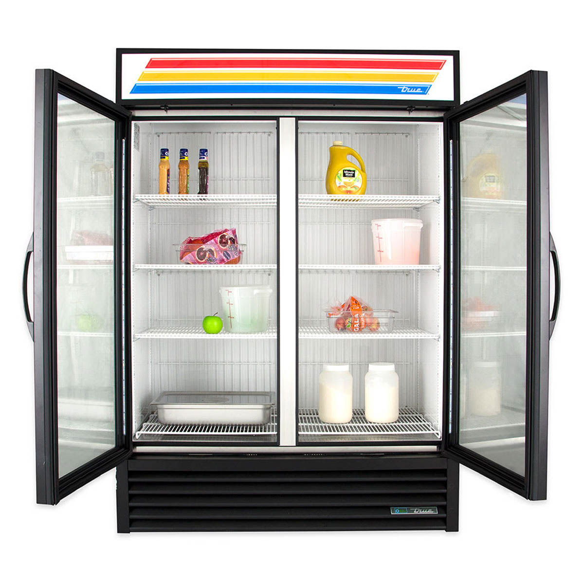 True GDM-49F-HC~TSL01 2-door glass door freezer, black exterior, doors open