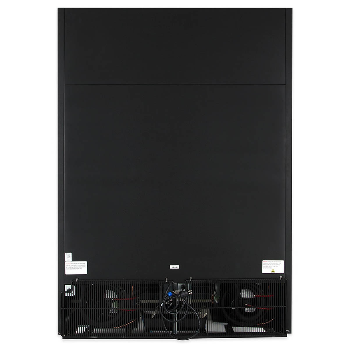 True GDM-49F-HC~TSL01 2-door glass door freezer, black exterior, back view showing the condensing unit