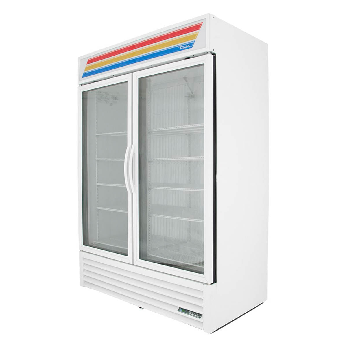 True GDM-49F-HC~TSL01 2-door glass door freezer, white exterior, front angle view, empty