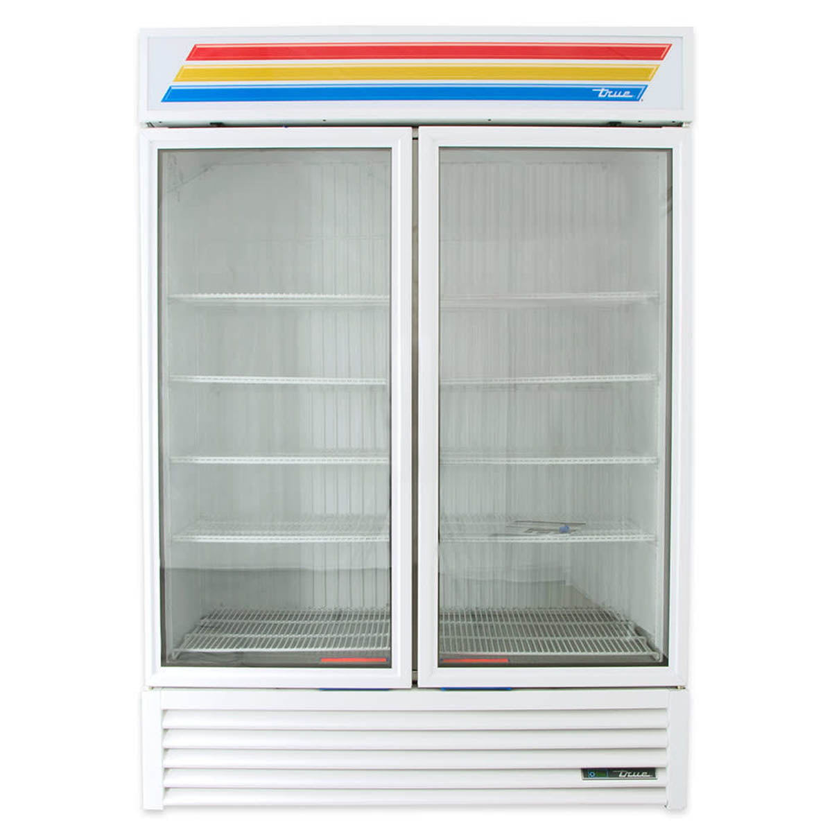 True GDM-49F-HC~TSL01 2-door glass door freezer, white exterior, front view, empty