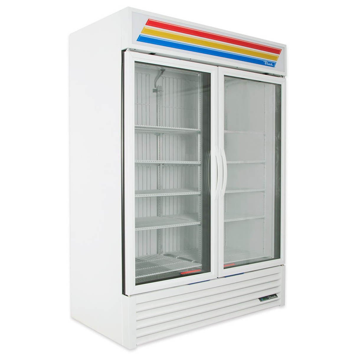 True GDM-49F-HC~TSL01 2-door glass door freezer, white exterior, front angle view, empty